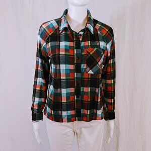 Bella D Plaid Roll Tab Sleeve Button Down Top Size M